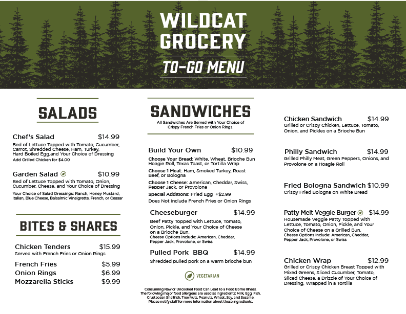 Wildcat Grocery lunch menu | Snowshoe Mountain