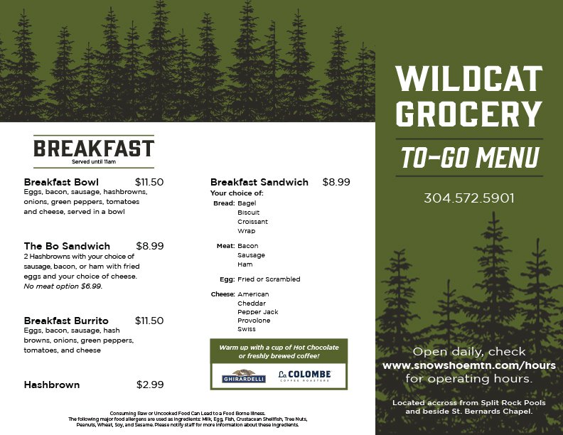 Wildcat Grocery breakfast menu | Snowshoe Mountain