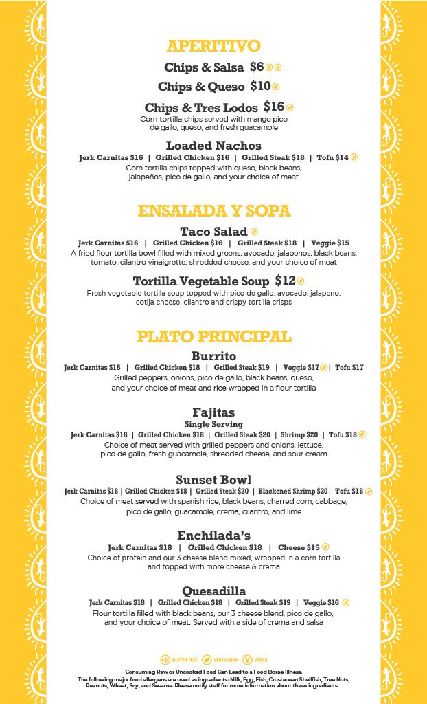 Sunset Cantina restaurant at Snowshoe Mountain Menu