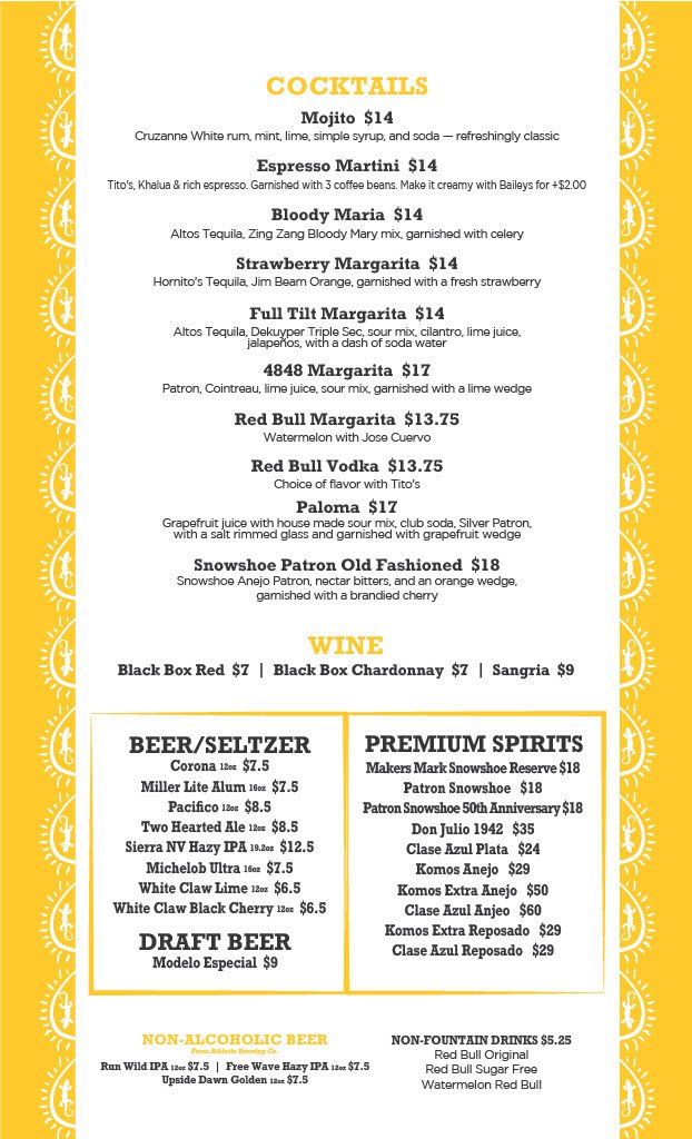 Sunset Cantina Mexican restaurant at Snowshoe Mountain drink menu